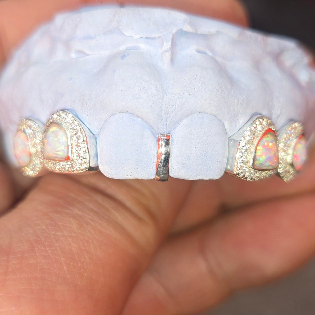 Silver CZ Open Face Iced Out Grillz with Opals & Gepbar
