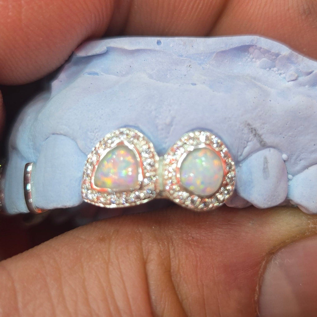 Silver CZ Open Face Iced Out Grillz with Opals & Gepbar