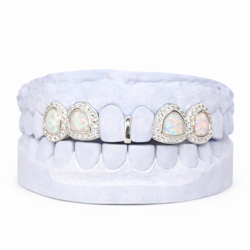 Silver CZ Open Face Iced Out Grillz with Opals & Gepbar